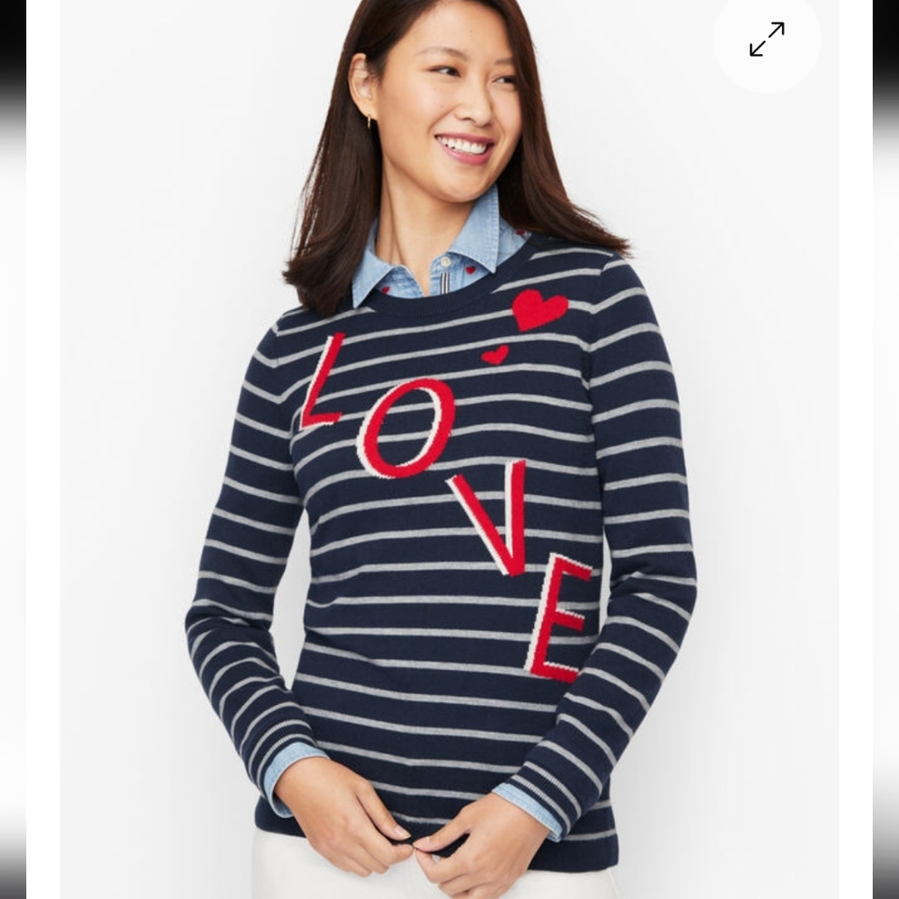 NWT $90 Talbots Valentine Sweater Navy Blue Love Spell Out Striped Heart Small